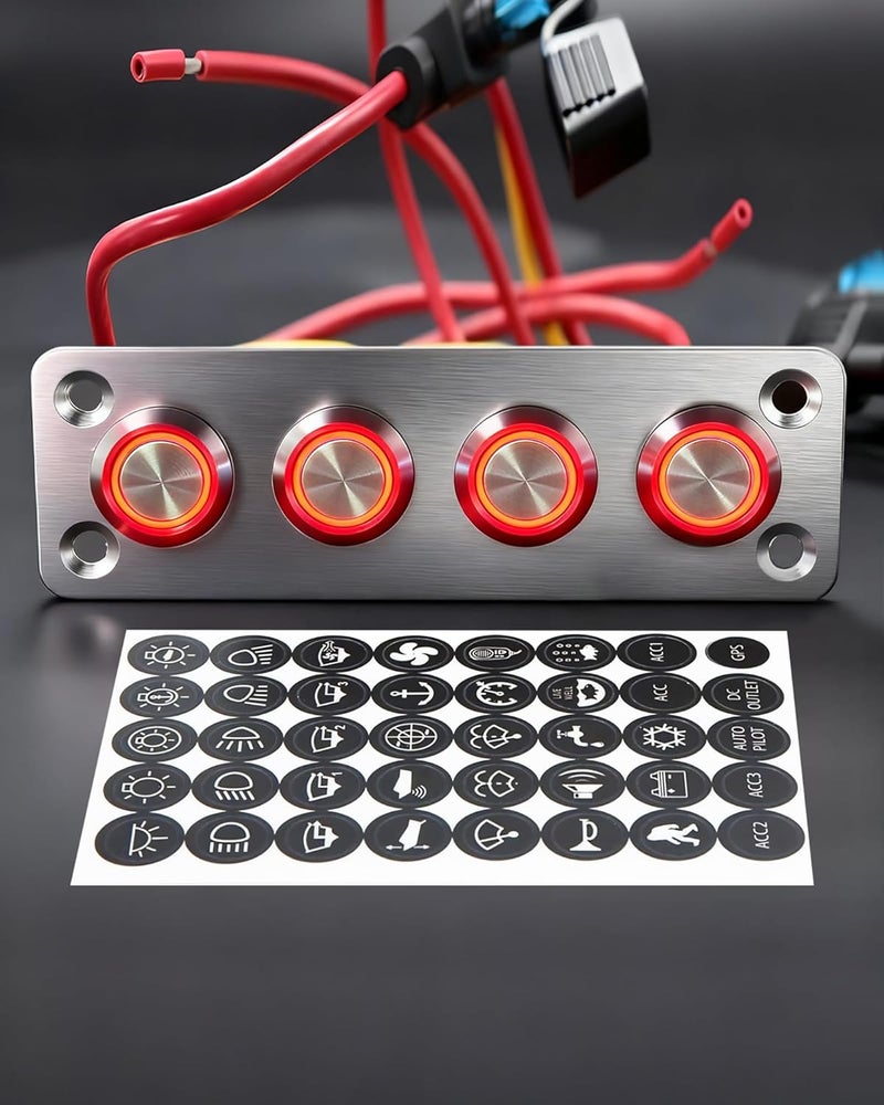 IZTOSS 4 Gang Aluminum Marine Rocker Switch Panel - Pre-Wired with Red LED Indicator, 12-24 V Multi-Function Rocker Switch - Ideal for Marine motorhomes, Yachts - Image 1
